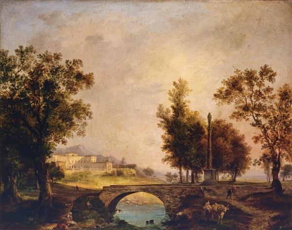 Paesaggio con ponte su ruscello e colonna